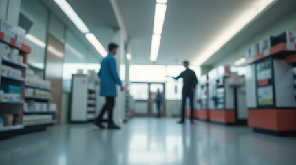 Fototapeta premium Blurred image of people choosing medications in the pharmacy among shelves with drugs and pharmacists