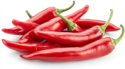 A group of fresh red chili peppers rests prominently against a stark white background, highlighting their bright color and smooth skin. They appear appetizing and full of flavor