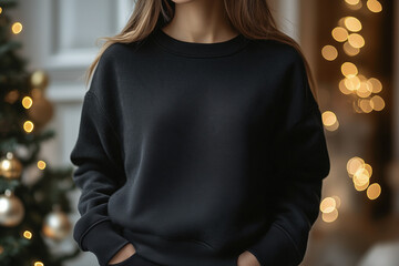A cozy black sweatshirt mockup set against a festive Christmas backdrop with lights, a decorated tree, and snowflakes, ideal for showcasing holiday-themed designs	