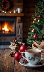 cups of tea on a wooden table, with a fireplace and Christmas tree in the background