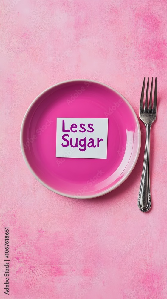 Poster Overhead shot of a pink empty plate with a less sugar note and a fork on a pink background promoting a sugar free or low sugar lifestyle for better health