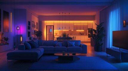 Cozy and Modern Futuristic Living Room with Smart Ambient Lighting