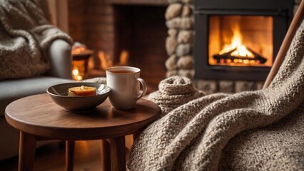 interior of a cozy house with fireplace, blankets and hot drink during winter