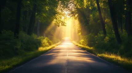 Obraz premium Sunlight illuminates a serene forest road perfect for nature walks