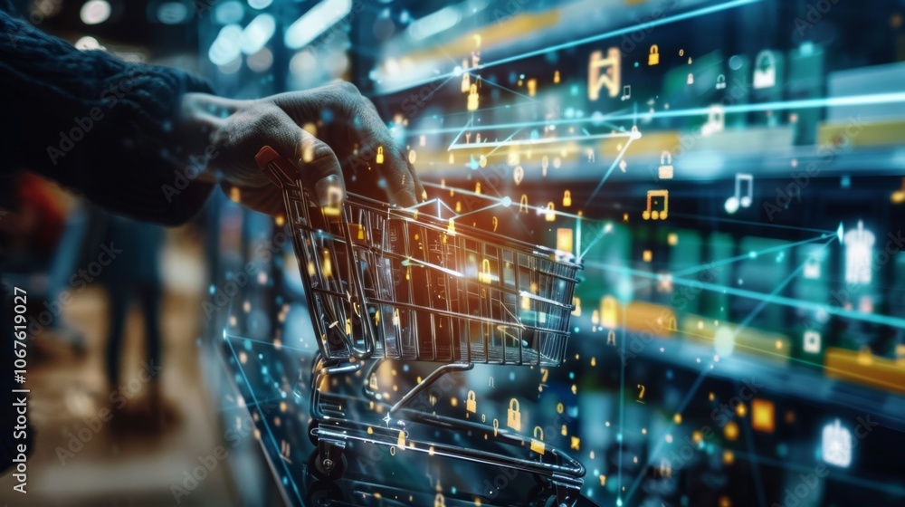 Poster digital shopping cart with glowing data icons and connections