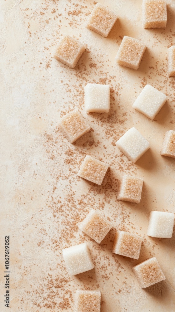 Aufkleber Sugar cubes in white and brown form a diagonal line on a beige background, sparking a conversation about sugar consumption and alternatives