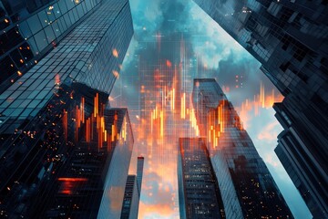 Real estate development and investment concept featuring a growing digital financial chart 