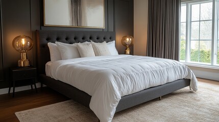 Fototapeta premium Modern Bedroom Interior with Gray Walls, White Bed, and Gold Lamps
