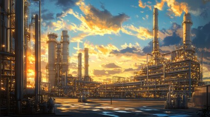 Industrial facilities illuminate the skyline at sunset
