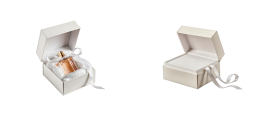 two white gift boxes with lids open. isolated on white background