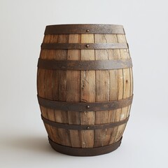 Obraz premium A wooden barrel, all by itself, against a plain white backdrop.