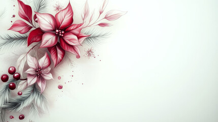 Red and pink poinsettia with pine branches and berries on a white background. Concept of festive floral ornamentation.