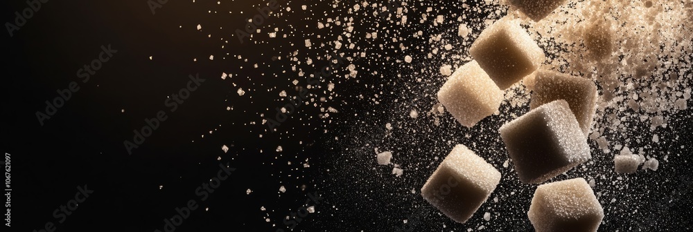 Poster Brown sugar cubes are exploding and scattering granules on a dark background, creating a dynamic visual representation of sugar reduction or a sugar free lifestyle