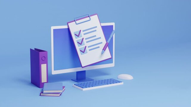 Time management and planning strategy 3d animation. Computer monitor, desk setup. Schedule, to-do list. project tasks, marketing, deadline concept. Workflow organization