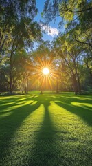 Obraz premium Sunlight streaming through trees in a lush green park during late afternoon
