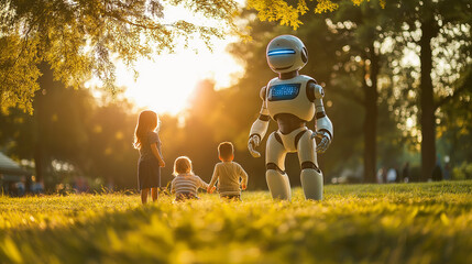 Friendly Robot Approaching Children in a Park at Sunset