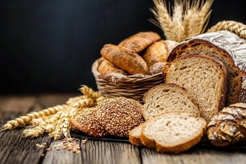 Freshly baked bread assortment with wheat on wooden background