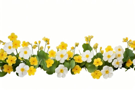 Spring primrose flowers border daffodil plant petal.