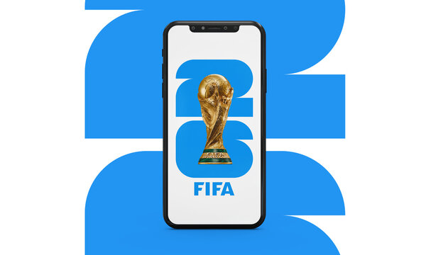 Karachi, Pakistan. 7 November The 26 FIFA WORLD CUP logo trophy with mobile in North America. Hosted by the United States, Canada and Mexico. 3d rendering illustration