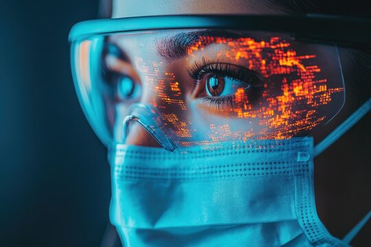 A woman wearing safety glasses and a mask analyzes digital data with focused determination