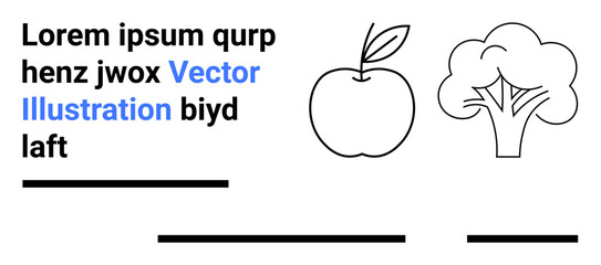 Apple and broccoli simple line art, placeholder text, and blue Vector Illustration text. Ideal for health themes, educational materials, vegan menus, food blogs, apps, websites, infographics. Landing