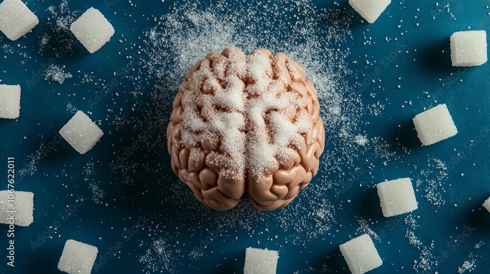 Poster granulated sugar and cubes surround a brain model, showing sugar's impact on health and cognition, p