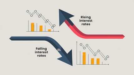 rising interest rates illustration, falling interest rates illustration, business interest rate changes, economic interest rate trends, financial market rate fluctuations, interest rates up and down