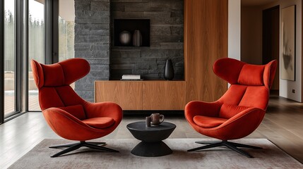 Red accent chairs add a pop of color near a wooden cabinet and stone wall decor in a minimalist living room.