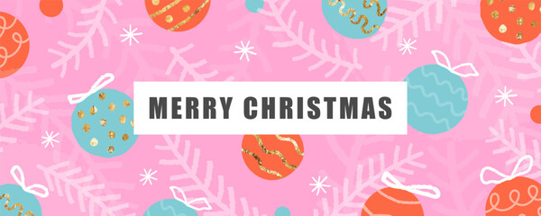 Merry Christmas greeting banner. Modern Xmas art design with spruce branches, Christmas tree balls, snowflakes and glitter on pink background.. Postcard, poster, flyer, mock up