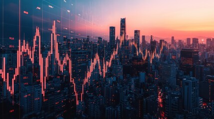 Big data forex candlestick chart on a cityscape backdrop, highlighting trade and analysis