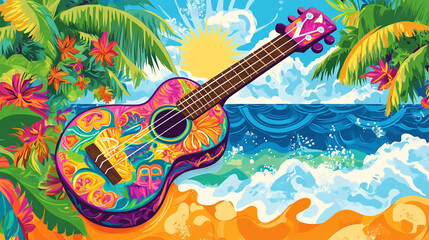 Colorful guitar on tropical beach.