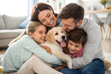 Obraz na płótnie Canvas family embracing pet dog at home, moments of joy and togetherness, capturing love and bonding with a golden retriever
