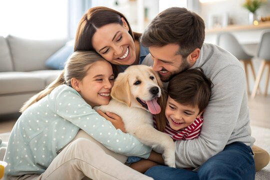 family embracing pet dog at home, moments of joy and togetherness, capturing love and bonding with a golden retriever