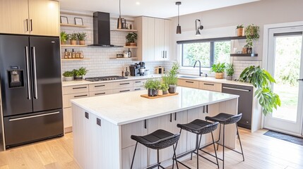 Modern Kitchen with Island, Bar Stools, and Stainless Steel Appliances