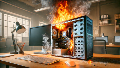 Overheating Computer on Fire in Office Setting with Smoke and Flames