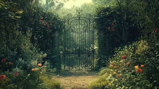 A wrought iron gate opens into a lush, green garden with a path leading to it, surrounded by blooming flowers and lush foliage.
