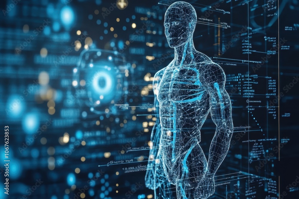Poster digital human model displaying anatomy and data analysis in a futuristic environment