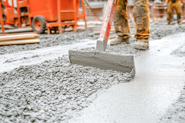 Close up hand worker leveling concrete pavement for mix cement at construction site