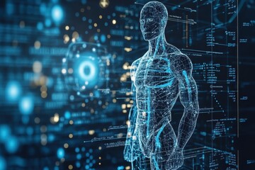Digital human model displaying anatomy and data analysis in a futuristic environment