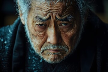 Elderly man with deeply lined face expressing sadness and contemplation