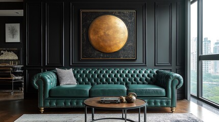 A vibrant living room featuring a round coffee table and green leather sofa, highlighted by a...