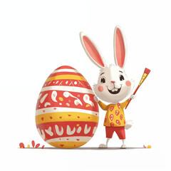 Cartoon clip art - A rabbit painting an Easter egg with red, yellow, and white stripes