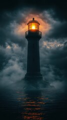 Mysterious Lighthouse Illuminated in Stormy Night.