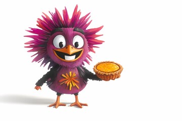 Cute Cartoon Turkey with Big Smile Holding Pumpkin Pie