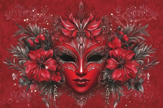 Mysterious red venetian mask surrounded flowers feathers