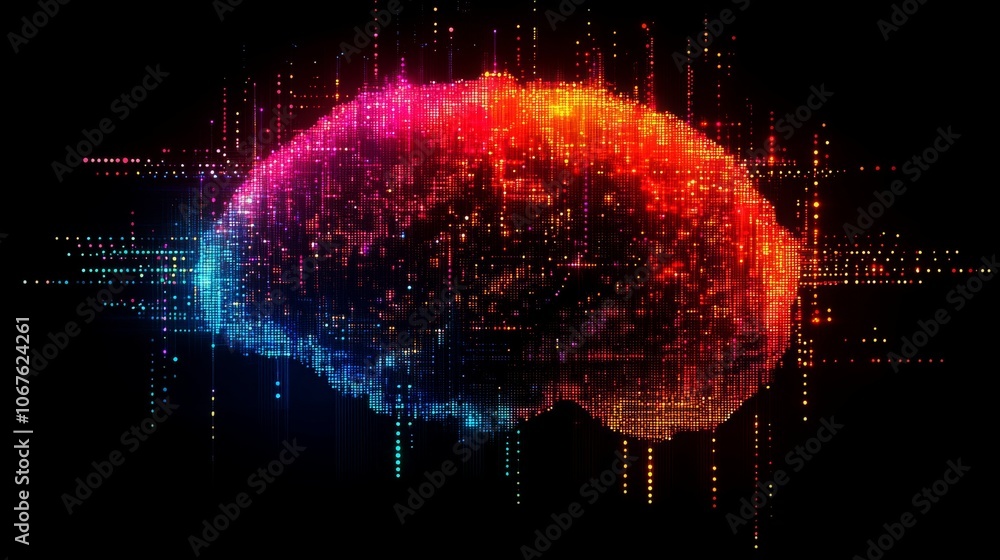 Poster digital silhouette of a brain with vibrant pixels representing cognitive activity and technology