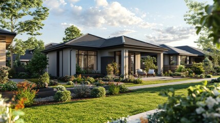 Modern suburban home with a landscaped yard and patio.