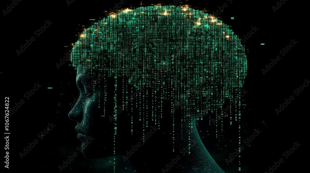 Poster a brain silhouette surrounded by a cascading matrix of binary code in a dark environment