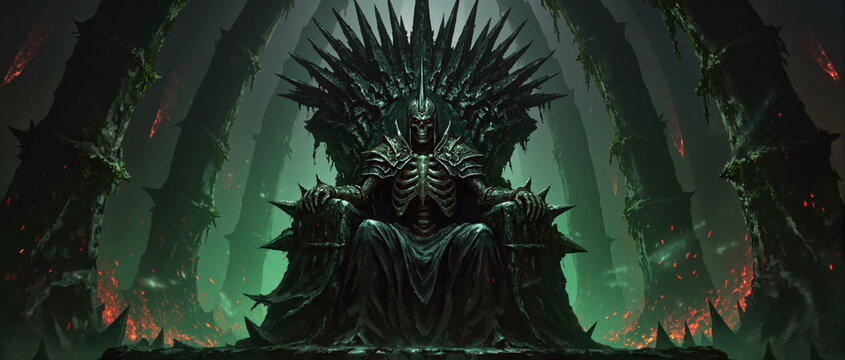 Skeleton corpse king sits on his throne of bone and toxic decay, red eyes and the embodiment of pure underworld evil