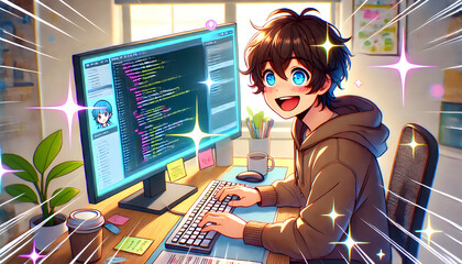 Anime-style young coder working on computer